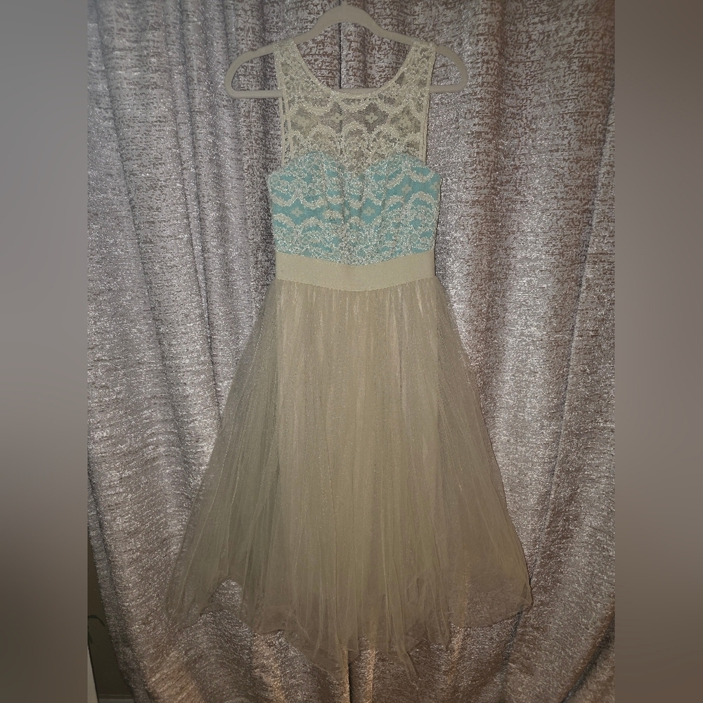 Teeze Me Lace Bodice Midi Dress in Tiffany Blue and Cream